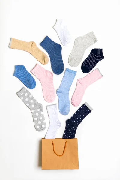 Різні Сучасні Модні Жіночі Бавовняні Шкарпетки Встановлені Сумці Покупок Білому — стокове фото