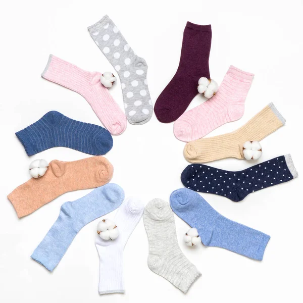 Various Modern Trendy Women Cotton Socks Set Cotton Flowers White — Stock Photo, Image
