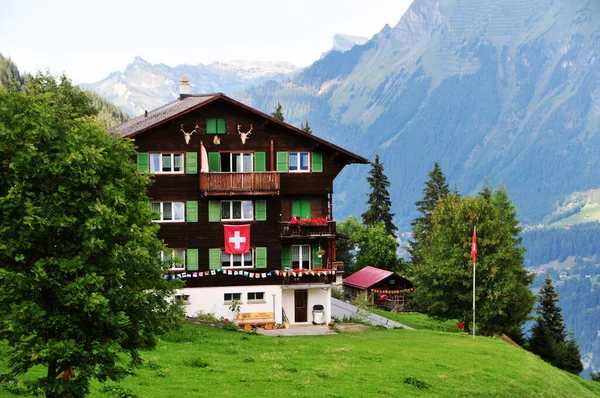 Sviçre Alplerinin Vadilerindeki Geleneksel Ahşap Evlerin Fotoğrafı — Stok fotoğraf
