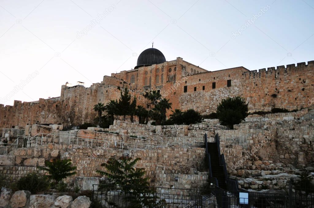The famous Al Aqsa Mosque in the old city of Jerusalem, Israel, was photographed at dusk