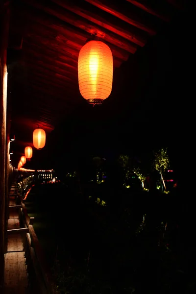 Photo Nuit Couloir Traditionnel Style Chinois Avec Des Lanternes Chinoises — Photo