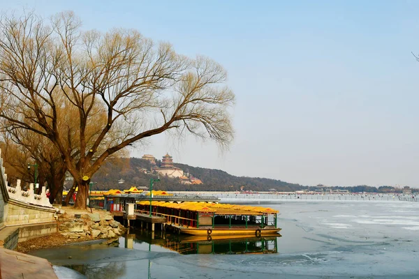 Photo Some Excursion Boats Moored Frozen Lake Beijing China — Photo