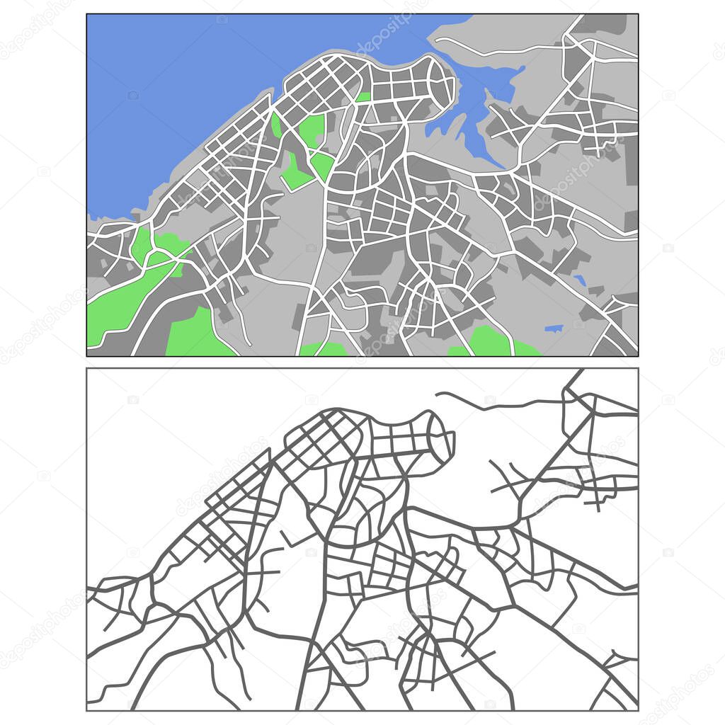 Layered editable vector streetmap of Havana,Cuba,which contains lines and colored shapes for lands,roads,rivers and parks.