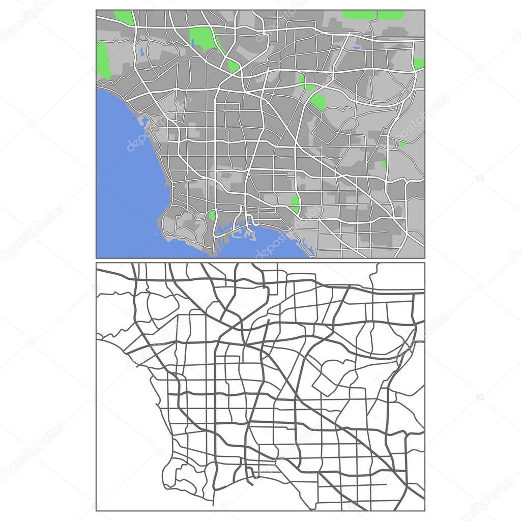 Layered editable vector streetmap of Los Angeles,America,which contains lines and colored shapes for lands,roads,rivers and parks.
