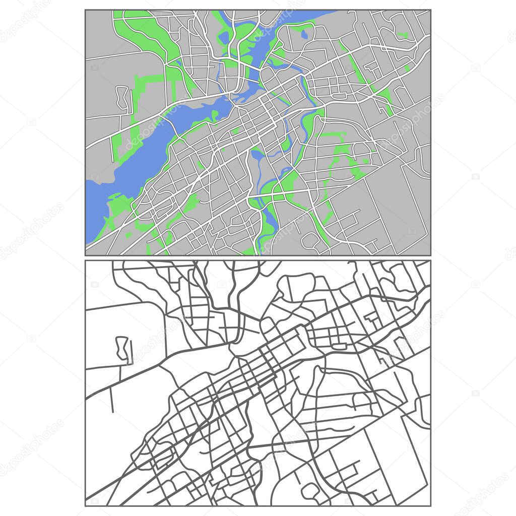 Layered editable vector streetmap of Ottawa,Canada,which contains lines and colored shapes for lands,roads,rivers and parks.