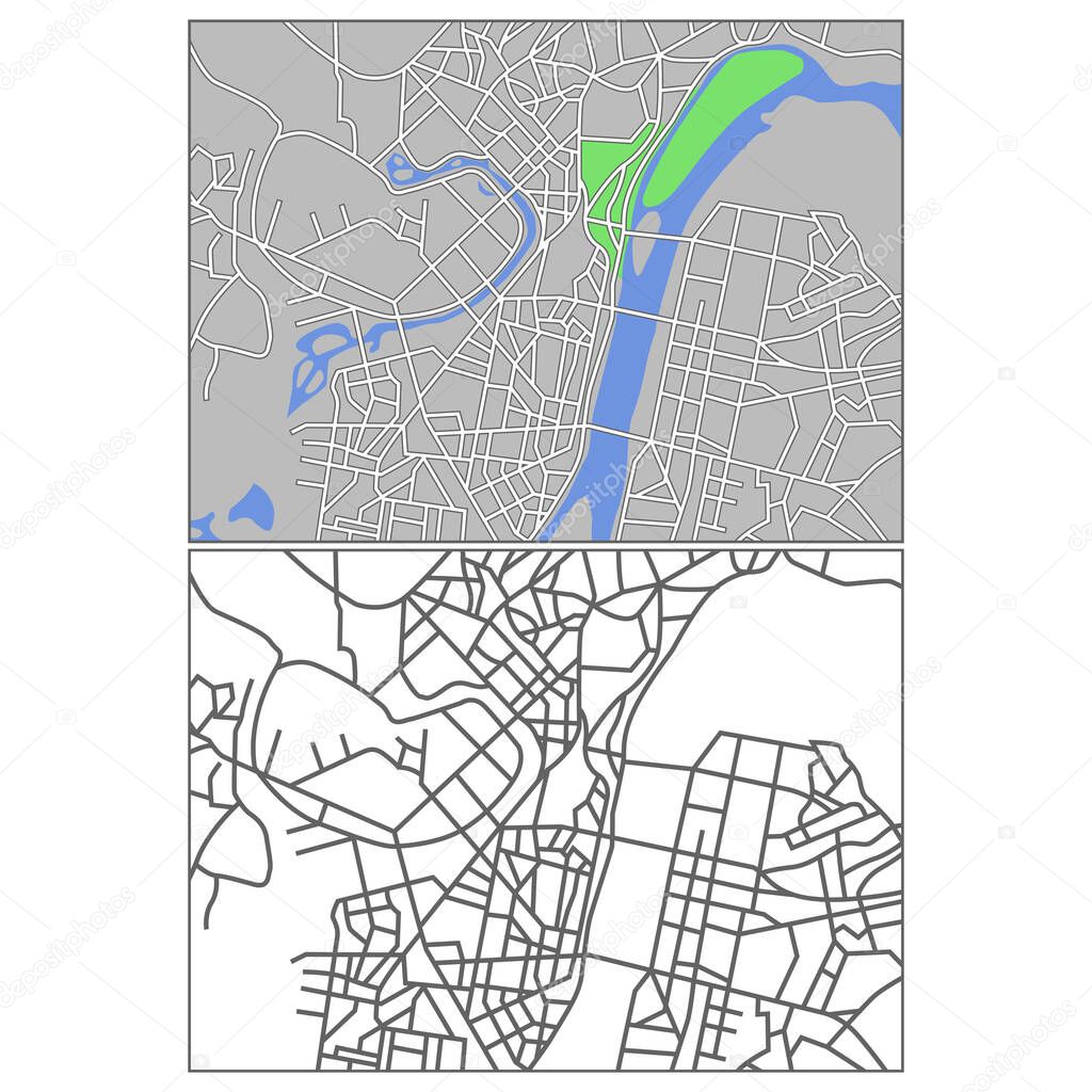 Layered editable vector streetmap of Pyongyang,North Korea,which contains lines and colored shapes for lands,roads,rivers and parks.
