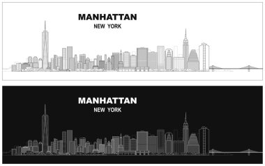 Manhattan, New York City, ABD 'nin katmanlı, düzenlenebilir vektör çizimi silüeti, her bina ayrı bir katmanda..