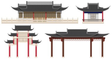 Layered editable vector illustration collection of Chinese traditional style buildings including houses, pavilions, archways.