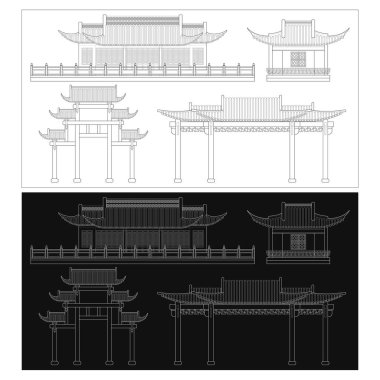 Layered editable vector illustration outline of Chinese traditional style buildings including houses, pavilions, archways.