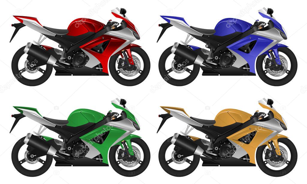 Layered editable vector illustration of realistic motorcycle pattern in different colors.