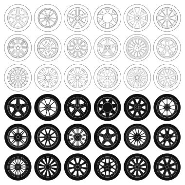 Layered editable vector illustration of collection outline of different automobile tires.