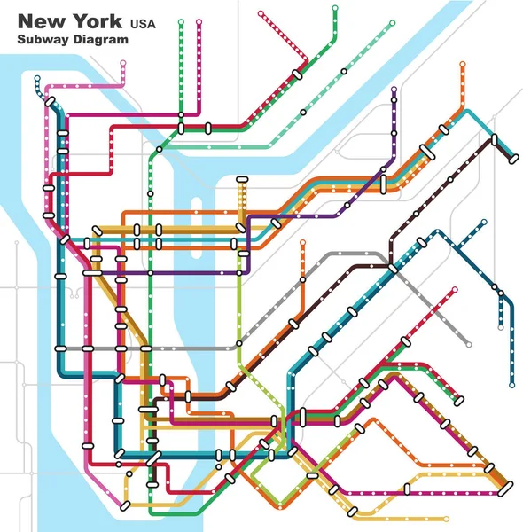 Vrstvená Upravitelná Vektorová Ilustrace Schématu Metra New York City Spojené — Stockový vektor