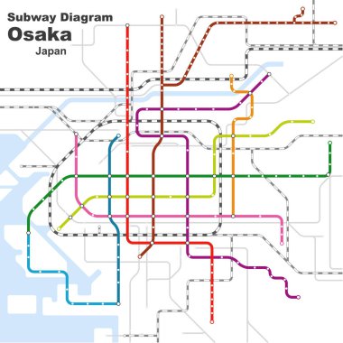 Japonya, Osaka metro şemasının düzenlenebilir vektör çizimi.
