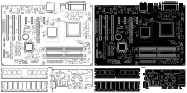 Desenho Ilustração Vetorial Editável Camadas Placa Mãe Computador Antigo Memória —  Vetores de Stock