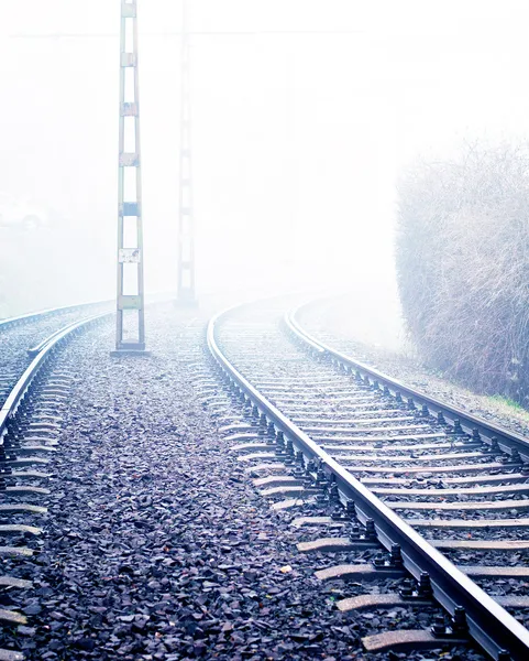 Torów kolejowych w gęstej mgle — Zdjęcie stockowe