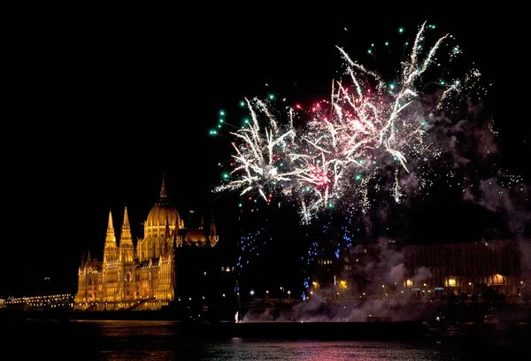 Vuurwerk aan de nachtelijke hemel — Stockfoto