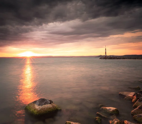 Pôr Sol Agradável Lago Balaton Verão — Fotografia de Stock