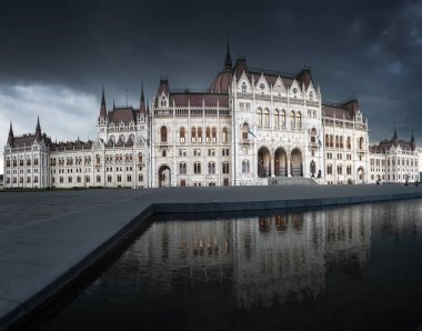 Exterior of the Hungarian Parliament on a stormy afternoon