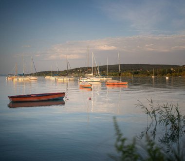 Macaristan, Balaton Gölü 'ndeki limanda yaz mevsiminde yelkenliler