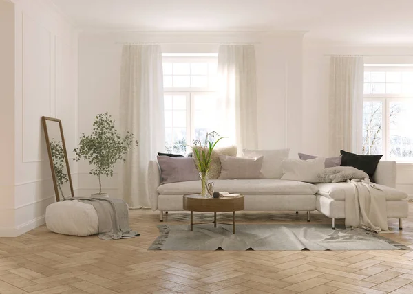 现代生活的内部与白色的家具 斯堪的纳维亚设计 3D插图 — 图库照片