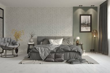 Gri ve yeşil renkli modern yatak odası. Çatı katı iç tasarımı. 3B illüstrasyon