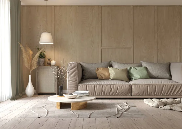 带沙发的木制客厅 3D插图 — 图库照片