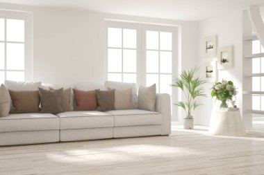Kanepeli, beyaz renkli modern oturma odası. İskandinav iç tasarımı. 3B illüstrasyon