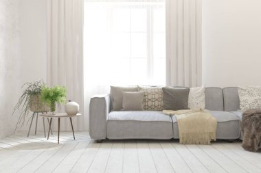 Kanepeli beyaz oturma odası. İskandinav iç tasarımı. 3B illüstrasyon