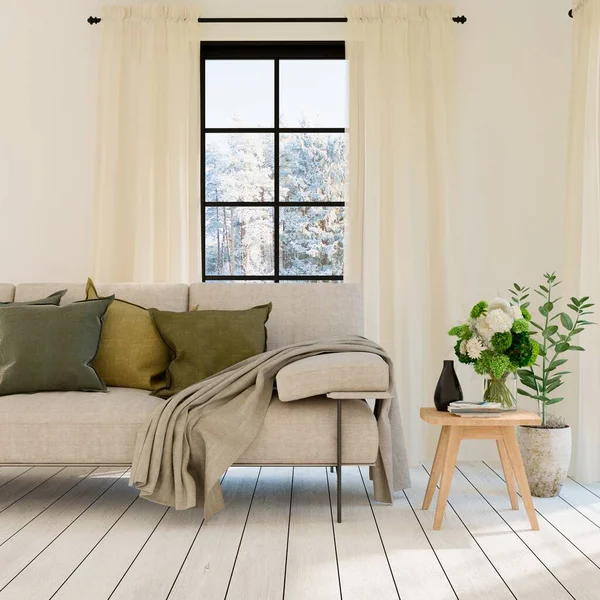 有沙发的白色客厅 窗户上有冬季风景 斯堪的纳维亚室内设计 3D插图 — 图库照片