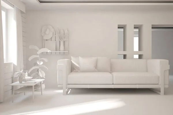 Soggiorno Minimalista Bianco Con Divano Interior Design Scandinavo Illustrazione — Foto Stock