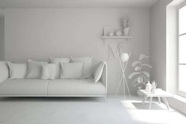 Finto Camera Elegante Colore Bianco Con Divano Interior Design Scandinavo — Foto Stock