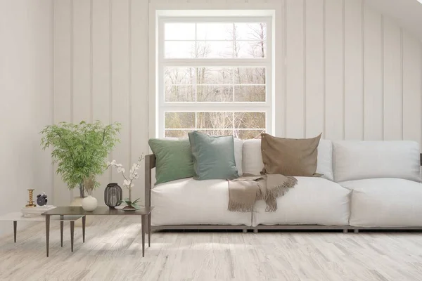 有沙发的白色客厅 窗户上有冬季风景 斯堪的纳维亚室内设计 3D插图 — 图库照片