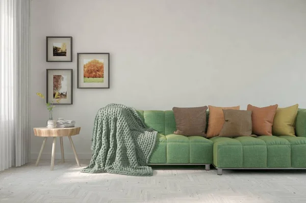 Weißes Wohnzimmer Mit Sofa Skandinavische Innenarchitektur Illustration lizenzfreie Stockbilder