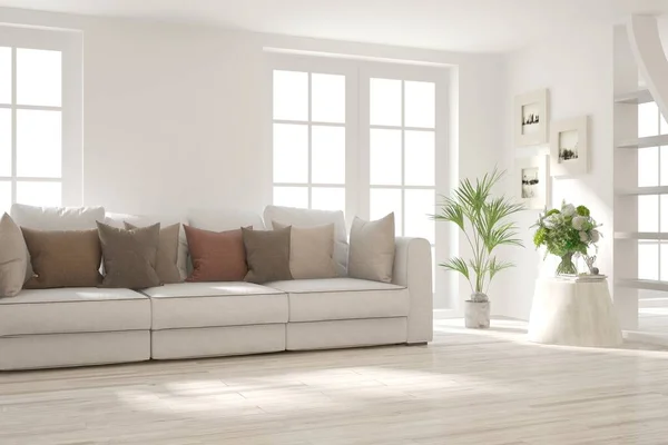 Modernes Wohnzimmer Weißer Farbe Mit Sofa Skandinavische Innenarchitektur Illustration Stockfoto