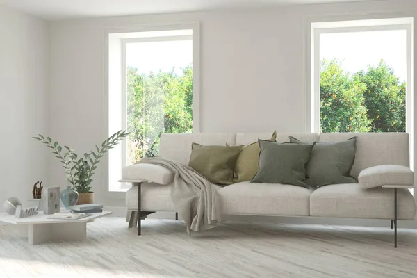 白色客厅 窗户上有沙发和夏景 斯堪的纳维亚室内设计 3D插图 图库图片