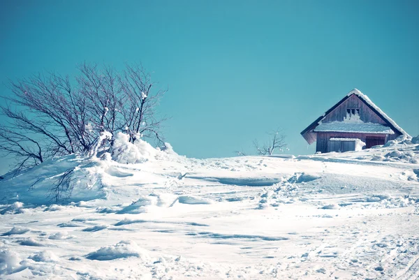 木制的屋顶覆盖着雪 — 图库照片