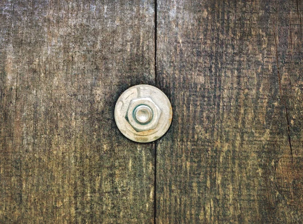 Nut and bolt on grunge wood — Stock Photo, Image