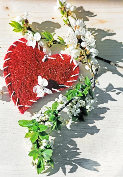 Fleurs printanières et coeur rouge sur table en bois — Photo