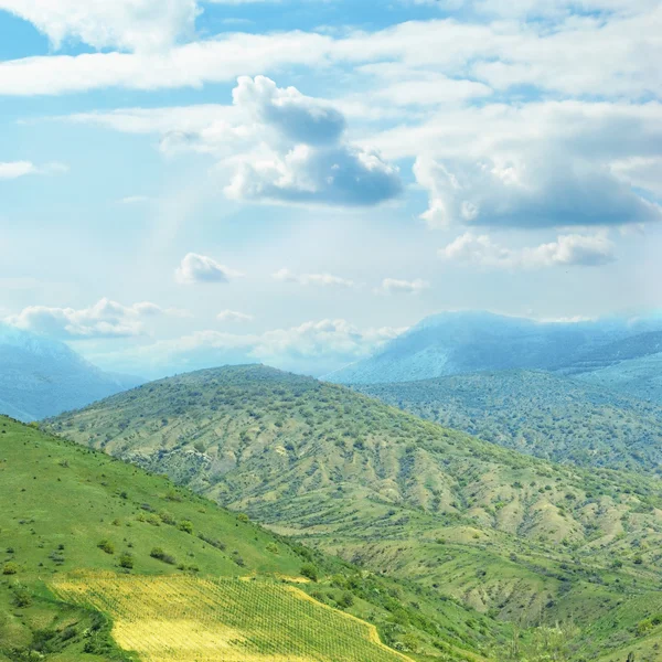 Dağlar ve yeşil çim sahası — Stok fotoğraf