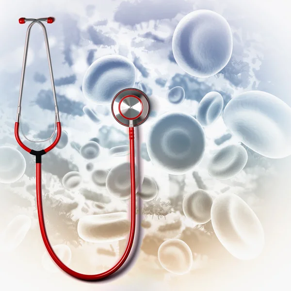 Stethoscope in front of abstract blood cell background — Stock Photo, Image