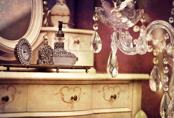 Vintage interior with glass chandelier crystals