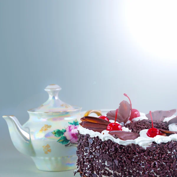 Chocolate cake with cherry topping — Stock Photo, Image