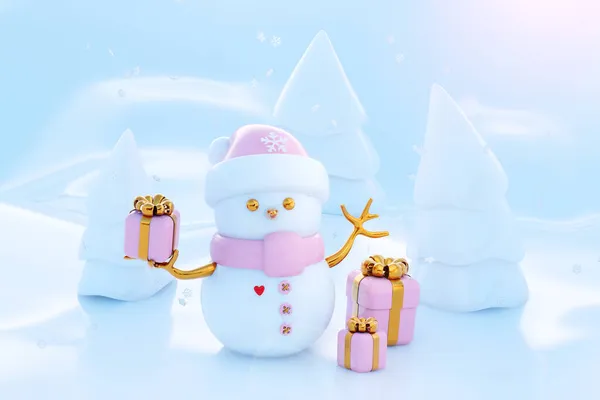 Natale sfondo invernale con pupazzo di neve e fiocchi di neve Immagini Stock Royalty Free