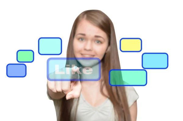 Meisje op een virtuele knop drukt als — Stockfoto