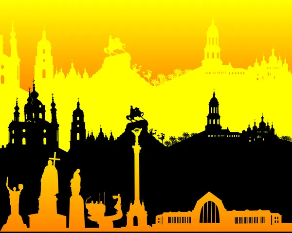 Black yellow orange silhouette of Kiev — Stock Vector