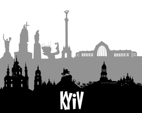 black and gray silhouette of Kyiv