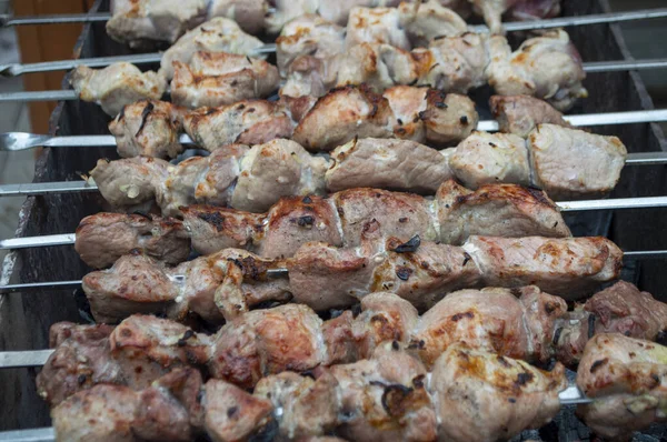 Fresh Pieces Meat Fried Skewers Grill — Stock Fotó