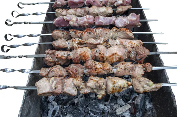 Fresh Pieces Meat Fried Skewers Grill — Foto Stock