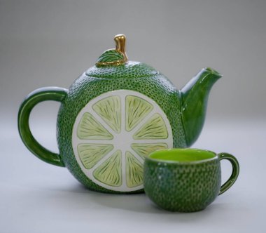 Teapot lime green. Handmade ceramic tea set