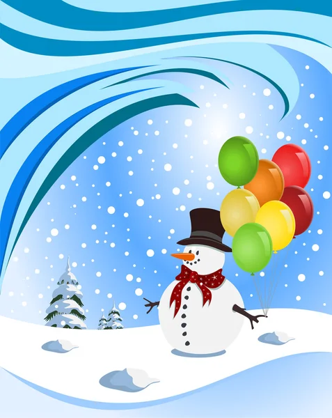 Bonhomme de neige heureux tenant des ballons colorés. Illustration — Image vectorielle